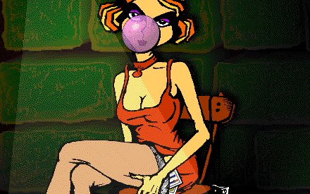 Coca, uno de los personajes del juego, sentada junto a la mesa.