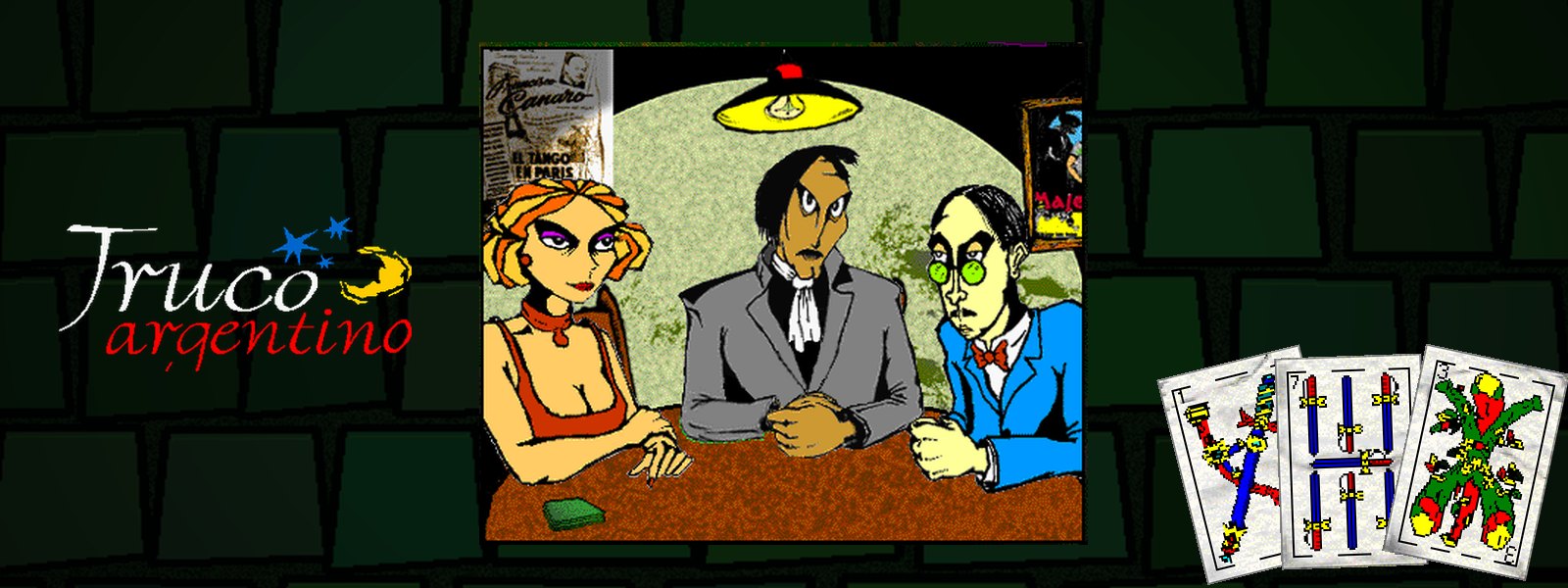 Mesa de truco del juego: tres personajes dibujados sentados bajo una l&aacute;mpara, con tres cartas españolas a un costado.